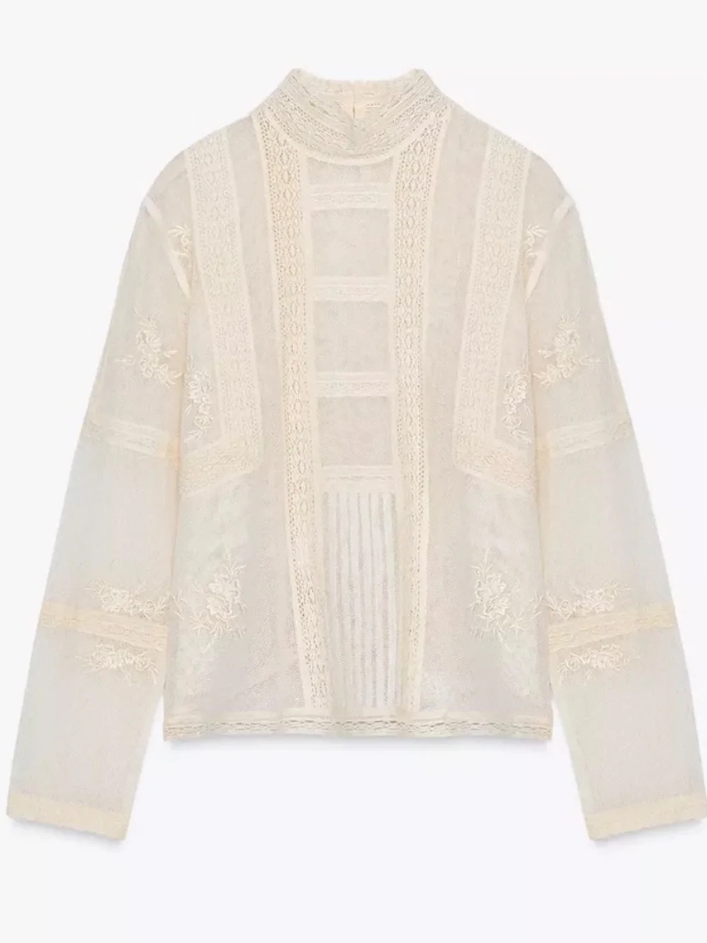 Zara Romantic Lace Blouse Semi-Sheer High Neck Ladder Stitch Size Small - Picture 4 of 15